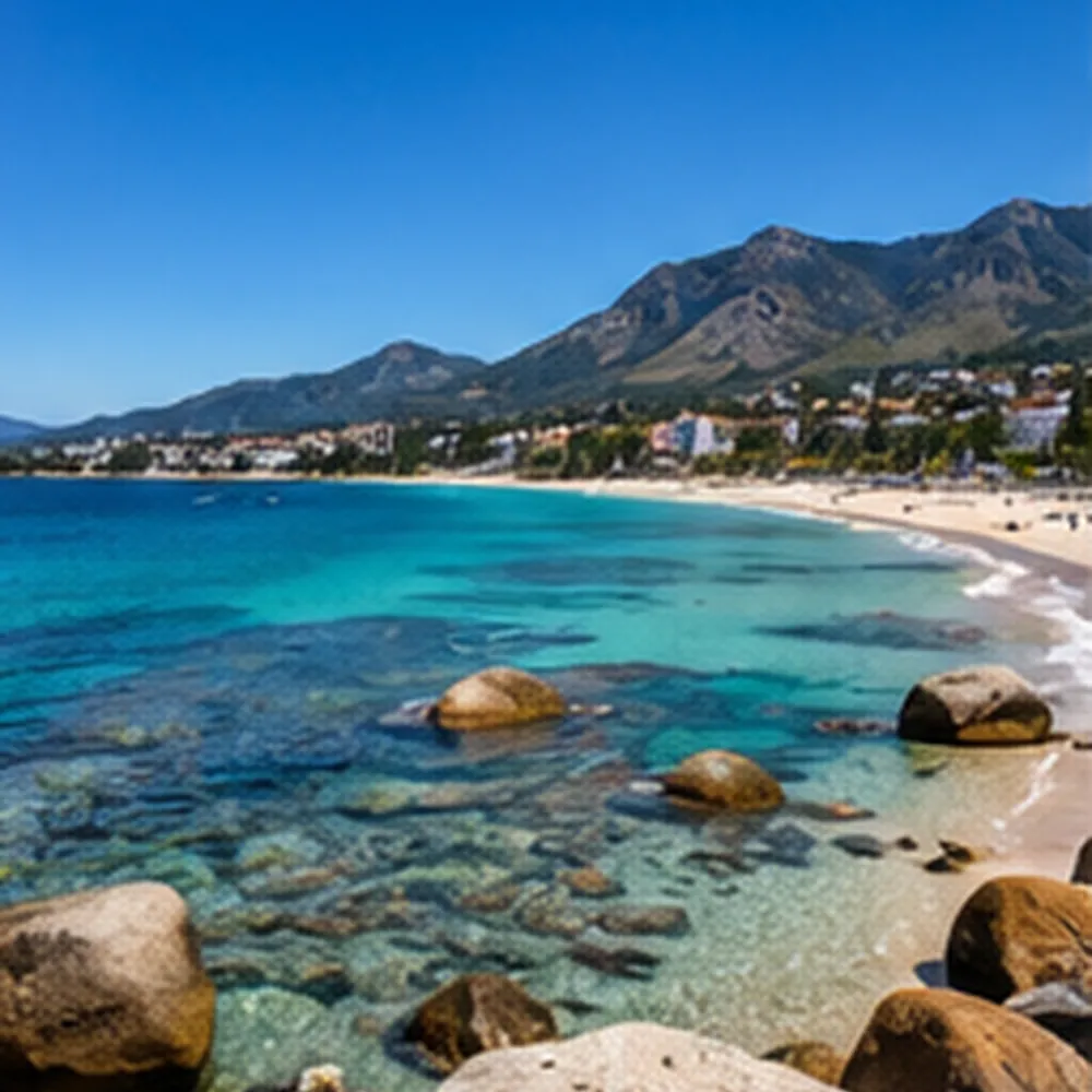Playa de agua turquesa con rocas y montañas al fondo