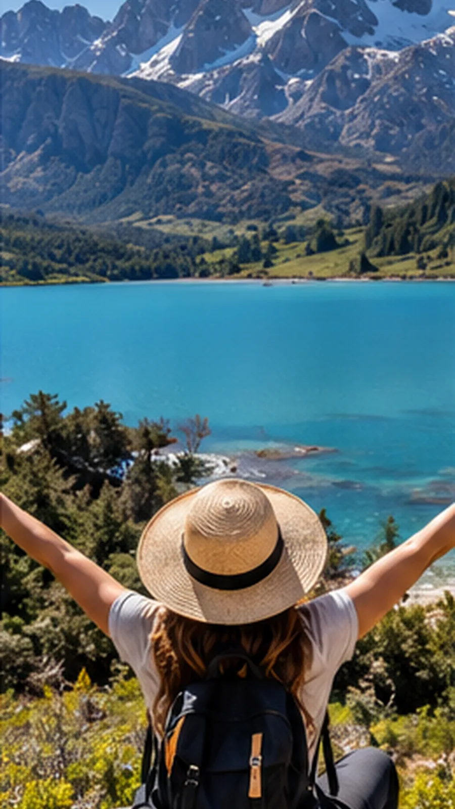 Viajera con sombrero y mochila frente a un lago turquesa y montañas