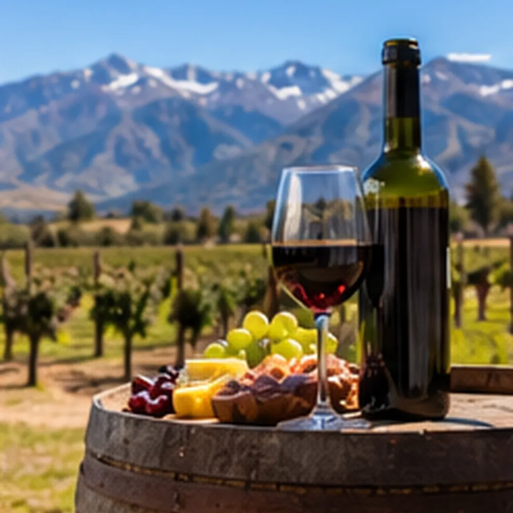 Copa de vino tinto sobre un barril frente a viñedos y la cordillera